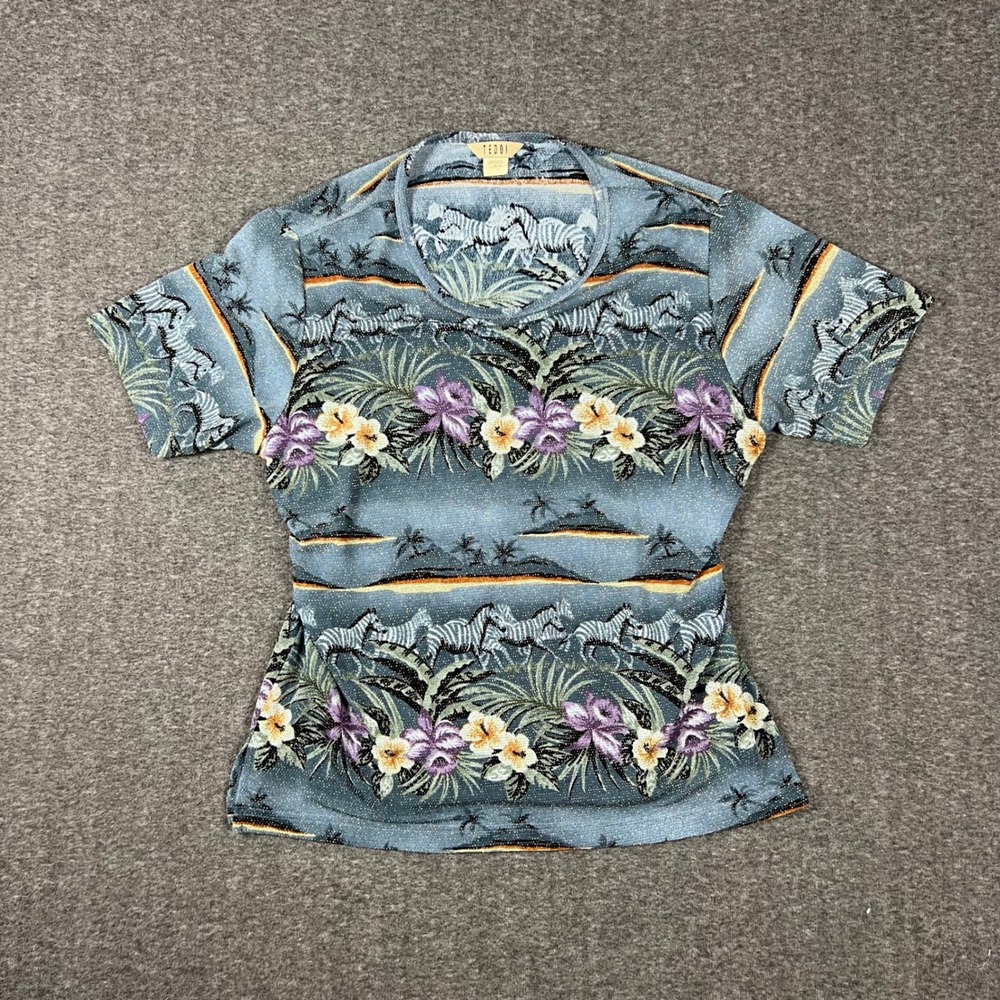 Vintage Teddi Zebra Floral AOP T-Shirt Women Large Blue Safari Rhinestone